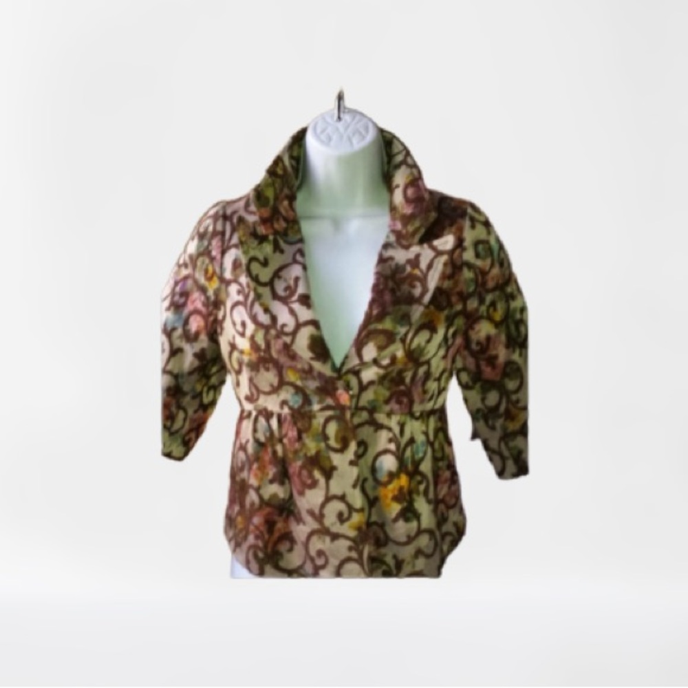 Midi Crop Embroidered Floral Paisley Design Short Sleeve Tan Colorful Sz Small